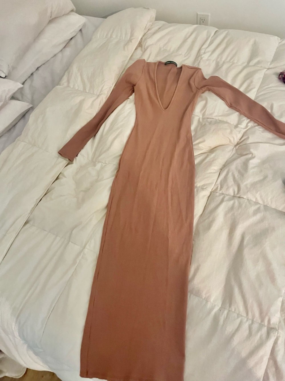 naked wardrobe Long Sleeve V-Neck Bodycon Maxi Dress - Mauve